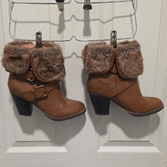 JustFab McKinley Brown Block 3 Inch Heel Boots with Faux Fur Cuff - Picture 10 of 15